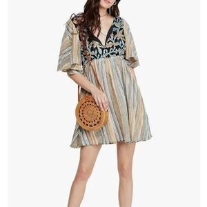 Free People Under the Sun Tunic Top Mini Dress Size Small Floral Striped